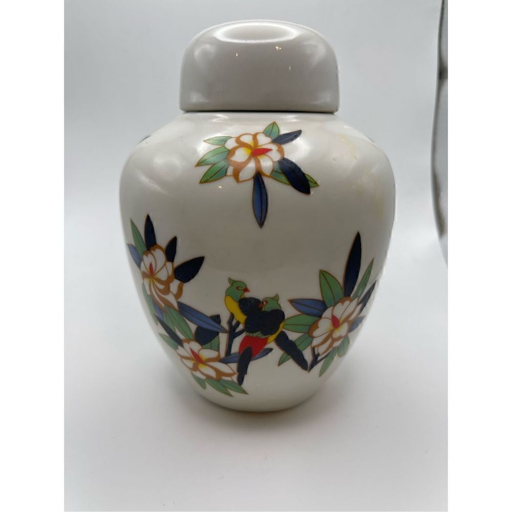 Vintage ginger jar birds flowers very colorful